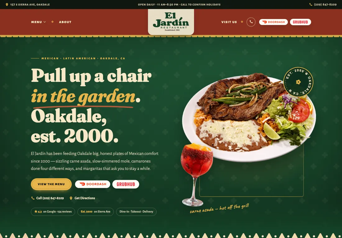 El Jardín restaurant website homepage — 'Pull up a chair in the garden'