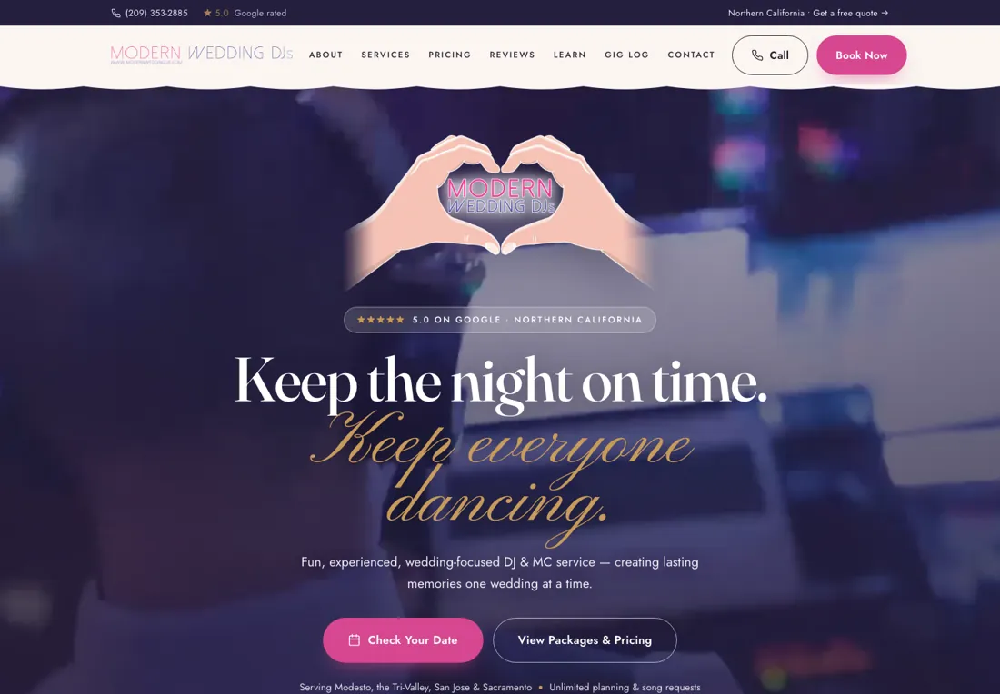 Modern Wedding DJs website homepage — 'Keep the night on time. Keep everyone dancing.'