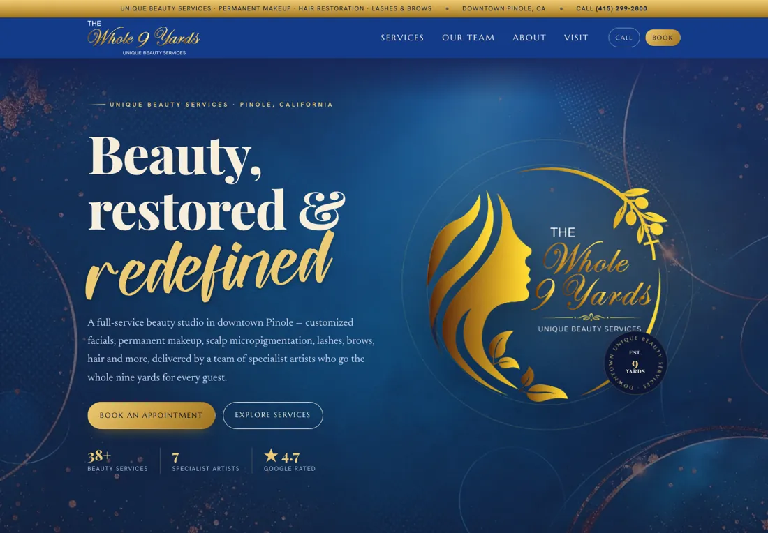 The Whole 9 Yards beauty studio website homepage — 'Beauty, restored & redefined'